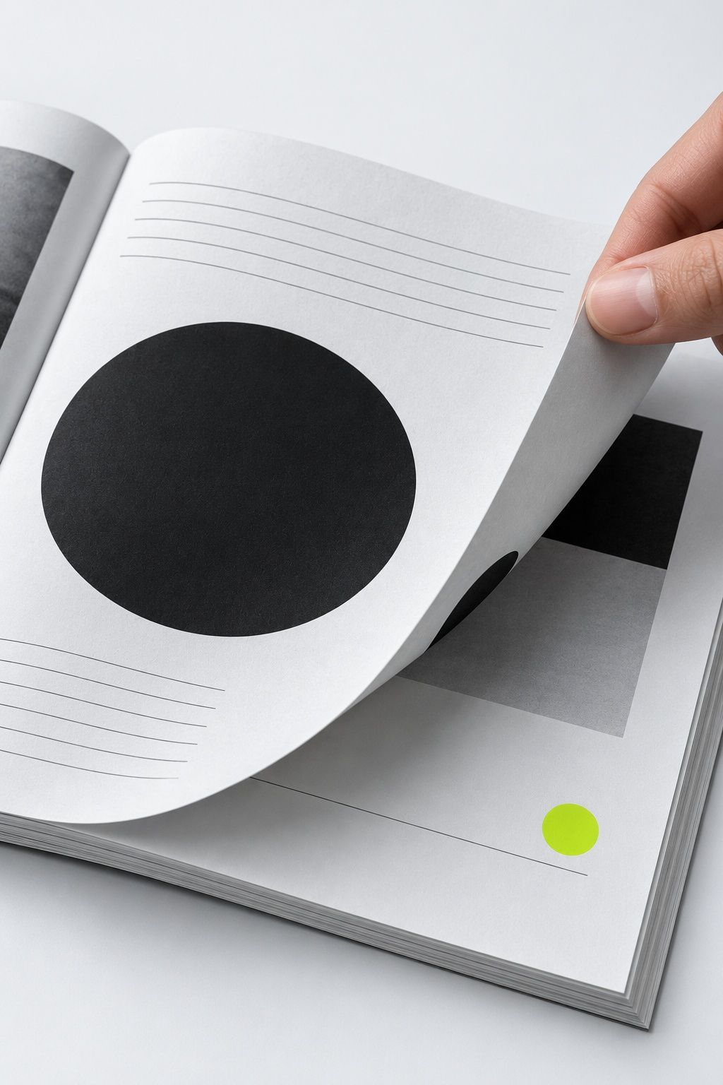 A fingertip turning a magazine page printed with a black dot grid and fine grey rules